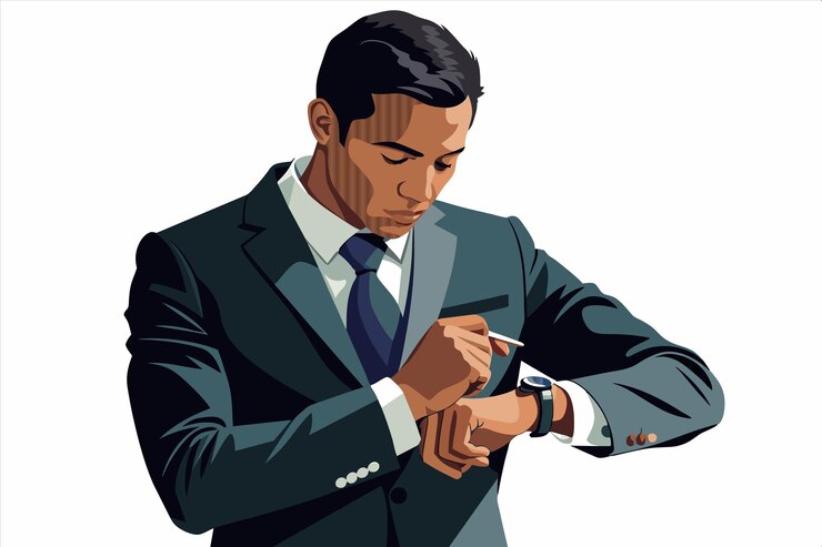 Vector un hombre con un traje y corbata está mirando un reloj