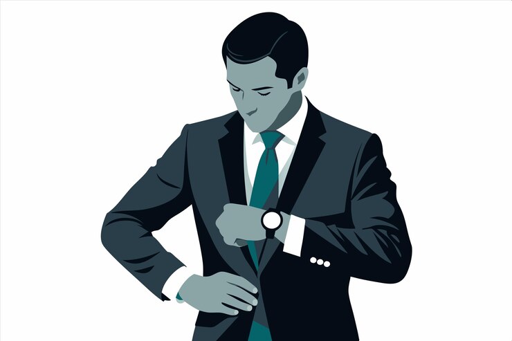 Vector un hombre de traje está mirando su reloj