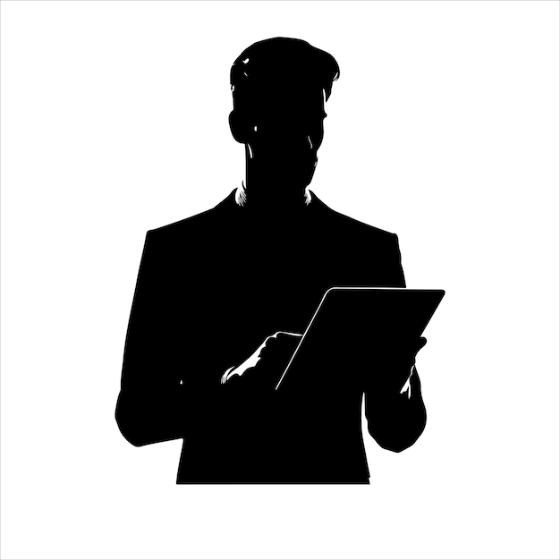 Un hombre en traje está sosteniendo una tableta hombre de negocios con silueta vectorial de tableta