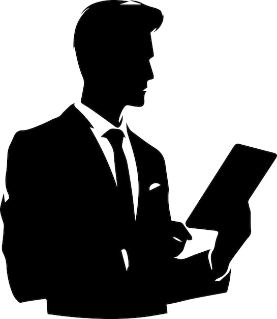 un hombre en traje está sosteniendo una tableta ilustración de silueta vectorial de color negro aislado