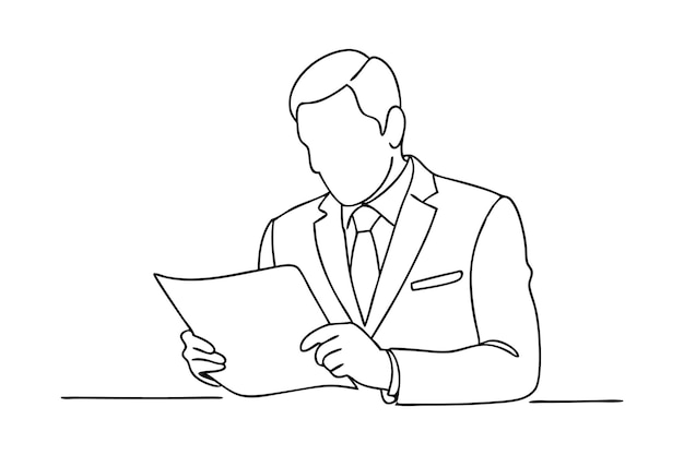 Hombre en traje examina un pedazo de papel arte de línea negra continua ilustración vectorial plana aislada sobre fondo blanco