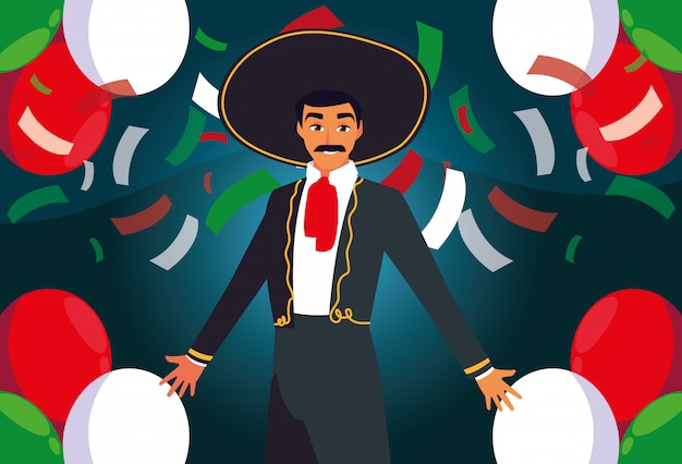 Vector hombre con traje de mariachi sobre fondo de confeti