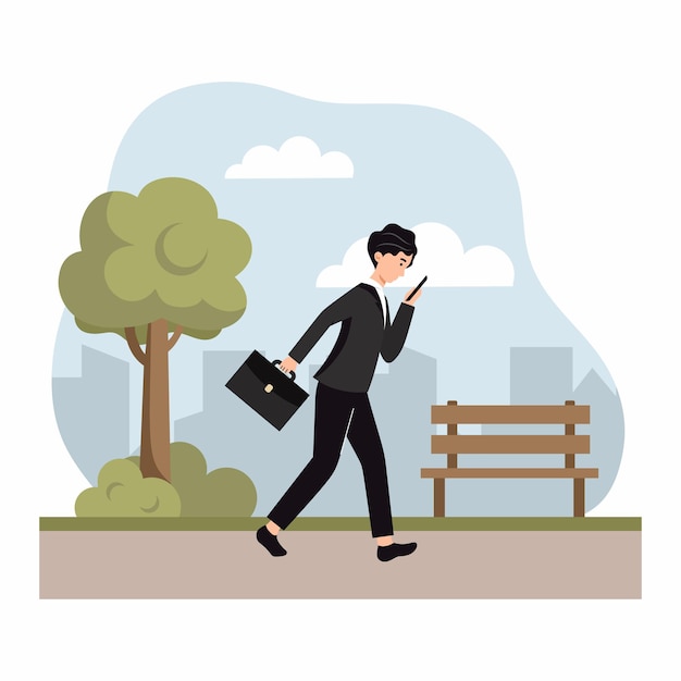 Hombre en traje de negocios y maletín está caminando por la ciudad hombre de negocios a pie el personaje se apresura a encontrarse personaje vectorial en estilo de dibujos animados