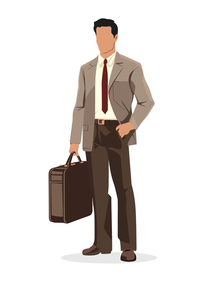 Un hombre en un traje de pie con ilustración de vector de maletín