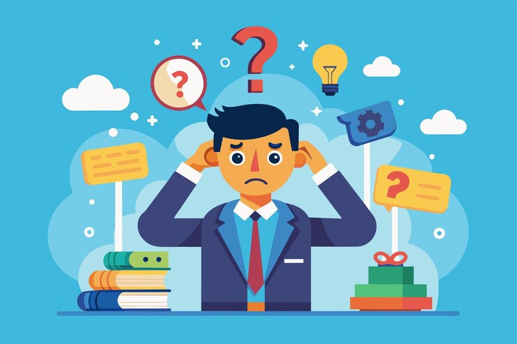 Vector un hombre con un traje de pie con un signo de interrogación por encima de su cabeza que indica incertidumbre o confusión ilustra el concepto de segmentación de clientes en la publicidad digital
