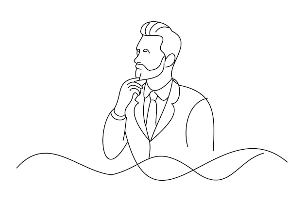 Hombre en traje profundamente en pensamiento Ilustración vectorial de arte de línea continua
