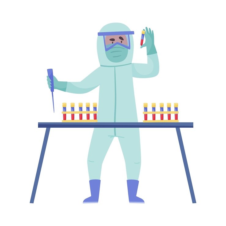 Vector hombre con traje de protección y máscara examinando el vector de análisis de sangre ilustración