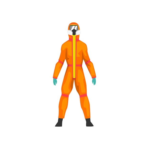 Vector hombre con traje de protección naranja y máscara de gas industria química uniforme de seguridad profesional ilustración vectorial sobre fondo blanco