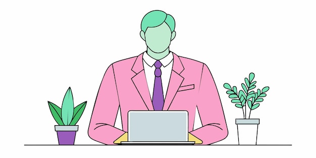 un hombre en un traje rosa está trabajando en una computadora portátil
