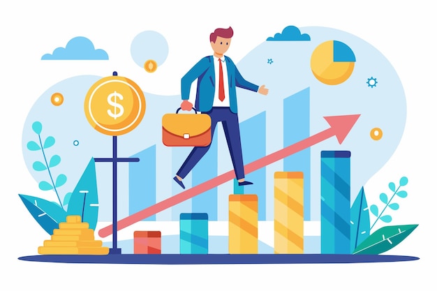Un hombre de traje sube a un gráfico de barras que representa el concepto de control de ganancias comerciales Control del concepto de ganancias empresariales Ilustración vectorial plana simple y minimalista