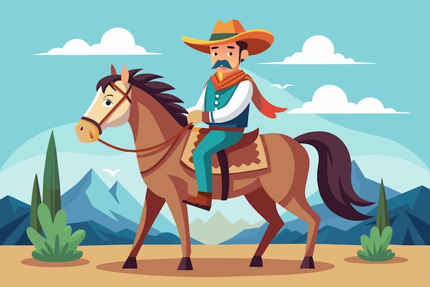 Un hombre con traje de vaquero montado en la espalda de un caballo marrón en un campo Ilustra el concepto de segmentación de clientes en la publicidad digital