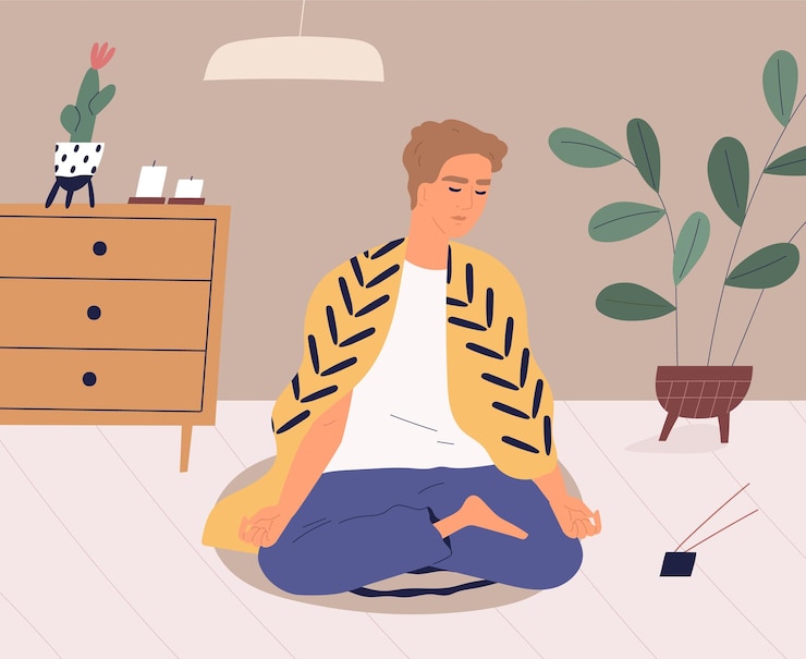 Vector hombre tranquilo meditando y practicando ejercicios de yoga en casa. chico relajado realizando técnicas de meditación y control de la respiración en posición de loto. ilustración de vector plano coloreado.