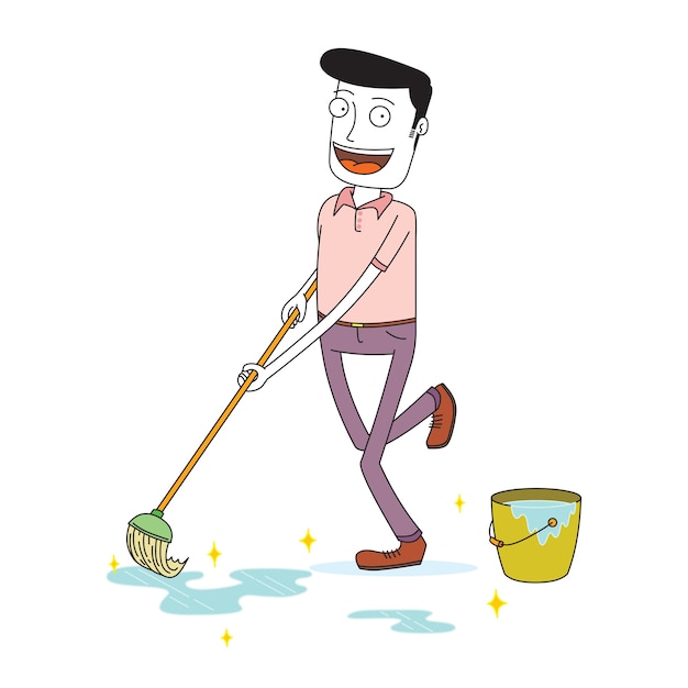 hombre trapeando el piso felizmente