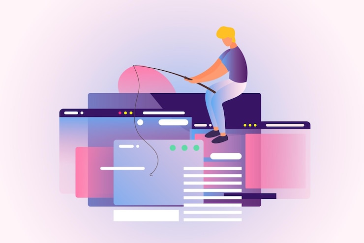 Vector un hombre tratando de atrapar la página web en el anzuelo en un flujo interminable de ideas, encuentre su versión de diseño web concepto de formas frescas colores pastel inicio de publicidad en redes sociales marketing ui proceso ux