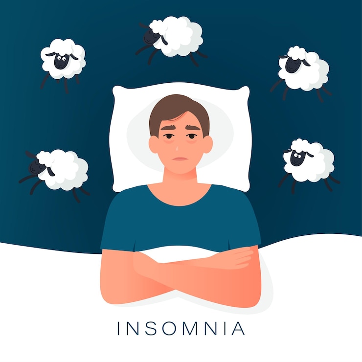 Vector hombre tratando de conciliar el sueño contando ovejas. insomnio causa de problemas mentales, ideas insomnes