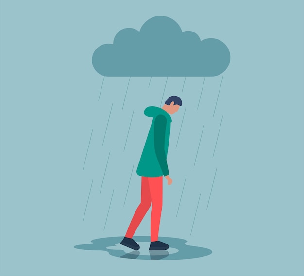 Hombre triste deprimido infeliz estresado con problemas de emociones negativas caminando bajo la nube de lluvia