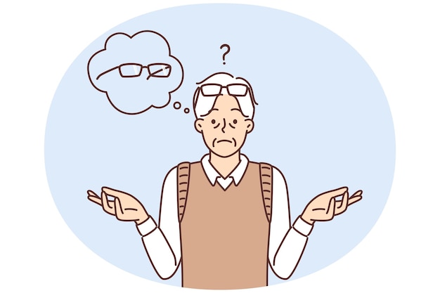 Hombre triste extiende los brazos pensando en gafas que han dejado de resolver problemas de visión