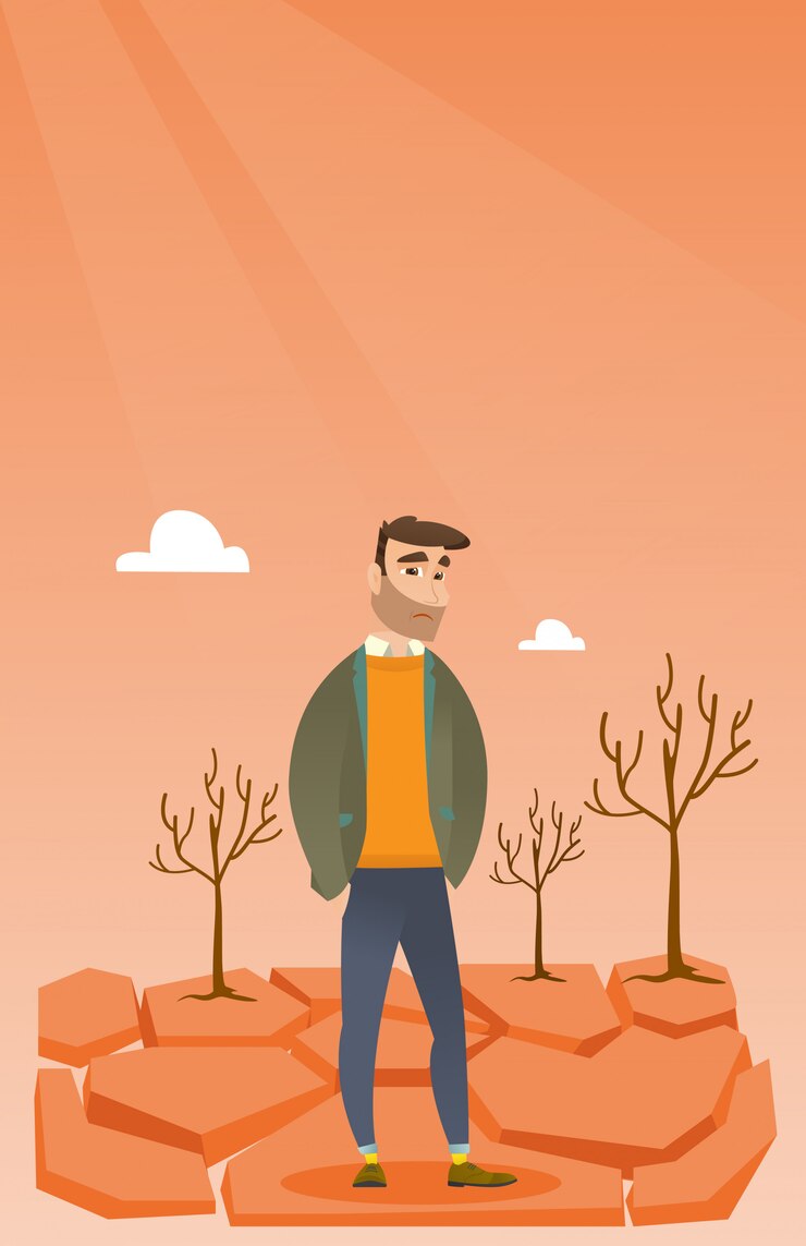 Vector hombre triste en la ilustración de vector de desierto.