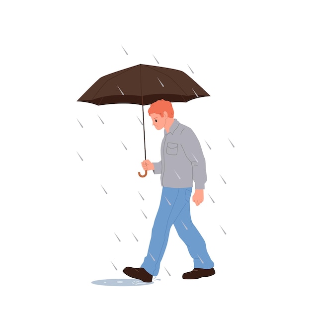 Hombre triste infeliz personaje de dibujos animados sosteniendo un paraguas caminando bajo una tormenta ilustrado por vectores