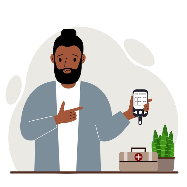 Hombre triste sostiene un glucómetro en la mano El concepto de control de azúcar en la sangre diabético Vector ilustración plana