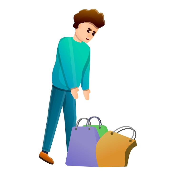 Vector hombre triste toma bolsas de compras icono dibujos animados de hombre triste tomar bolsas de compra icono vectorial para diseño web aislado sobre fondo blanco