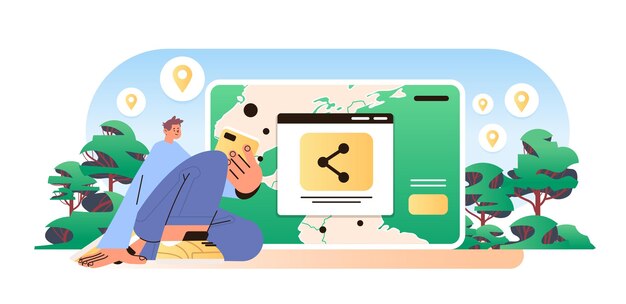 Hombre turista comparte planes de viaje o itinerario con otros concepto de aplicación para compartir viajes en tiempo real