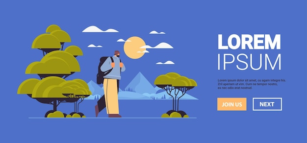 hombre turista que viaja con mochila vacaciones activas senderismo concepto paisaje fondo horizontal copia espacio longitud completa vector ilustración