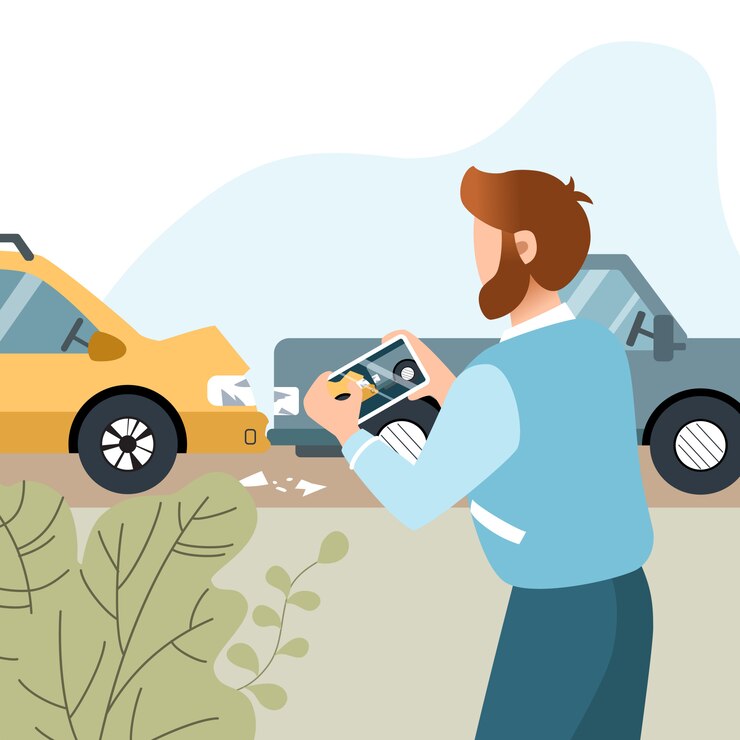 Vector el hombre tuvo un accidente automovilístico. seguro de motor. chico tomando foto en su teléfono móvil. ilustración plana
