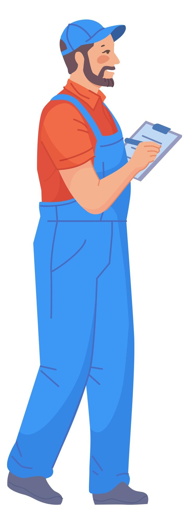 Vector hombre en uniforme de trabajo con documento en papel acuerdo de contrato de servicio