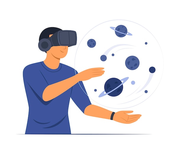 El hombre usa las gafas de realidad virtual para ver la infografía del cosmos