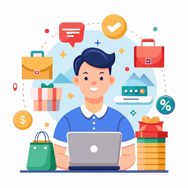 Hombre usa portátil para comprar en línea con regalos, descuentos y más