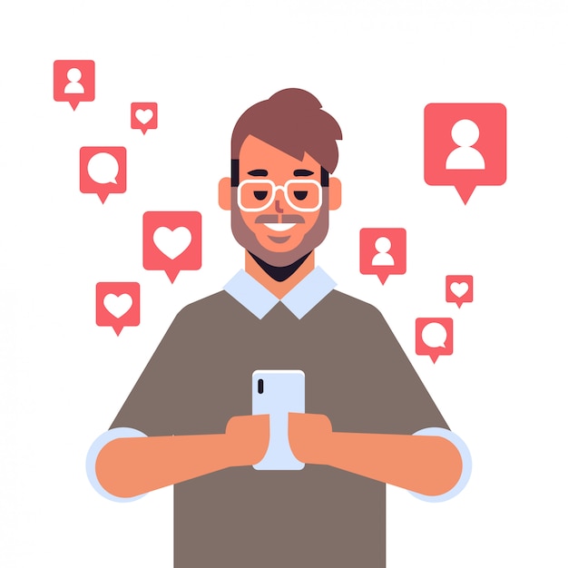 Vector hombre usando la aplicación móvil en notificaciones de teléfonos inteligentes con me gusta, seguidores, comentarios, retrato de concepto de adicción digital a la red social