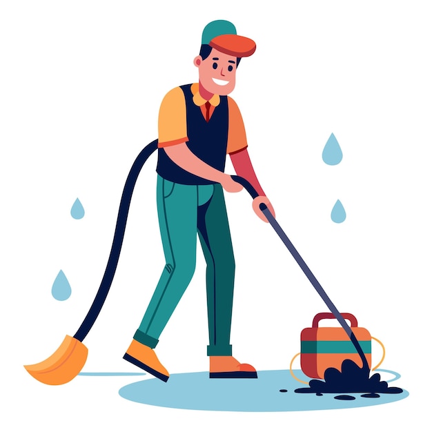 Hombre usando una aspiradora seca húmeda para limpiar derrames en un piso de madera dura en un entorno doméstico