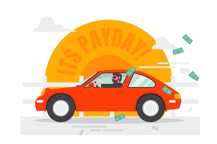 Vector hombre usando el coche para celebrar el día de pago