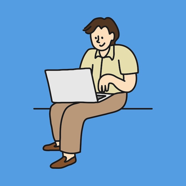 Hombre usando laptop clipart trabajo vector doodle lindo