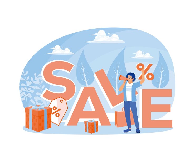 Vector hombre usando un megáfono grandes promociones y ventas para clientes gran concepto de venta ilustración vectorial plana
