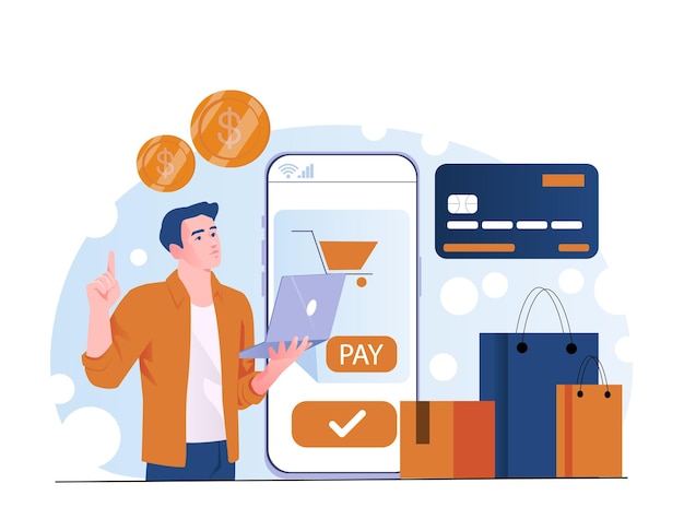 Hombre usando portátil para comprar en línea a través de una aplicación móvil con monedas de tarjetas de crédito, bolsas de compras y pago
