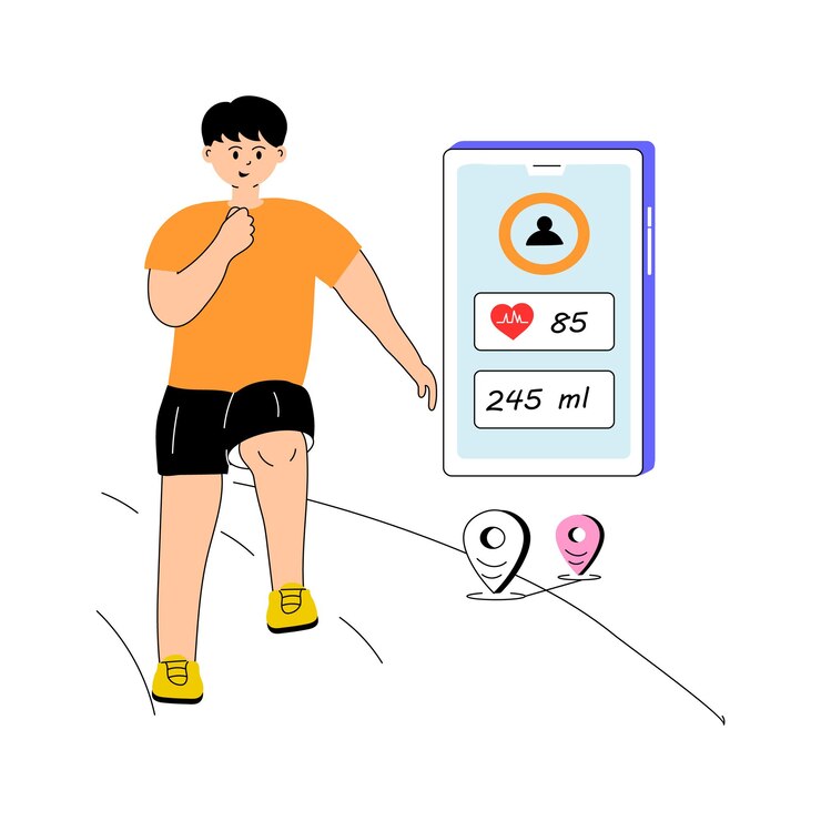Vector hombre usando un rastreador de fitness para monitorear el progreso del ejercicio y la salud