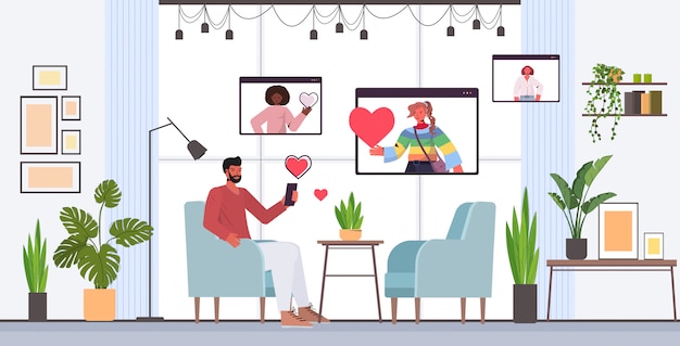 Hombre usando teléfono inteligente chateando con mujeres de raza mixta en el navegador web Windows aplicación de citas en línea concepto de comunicación de relación social ilustración de longitud completa horizontal