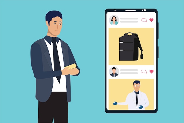Hombre usando un teléfono inteligente y desplazándose dentro del concepto de redes sociales vector Diseño de personajes planos de hombre con un teléfono móvil y redes sociales Usando las redes sociales con un teléfono celular para comunicación empresarial