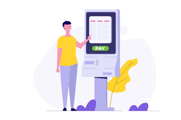 Hombre usando la terminal de autoservicio Concepto de quiosco de información interactivo Ilustración de vector plano para el folleto de la página de aterrizaje del sitio web de banner