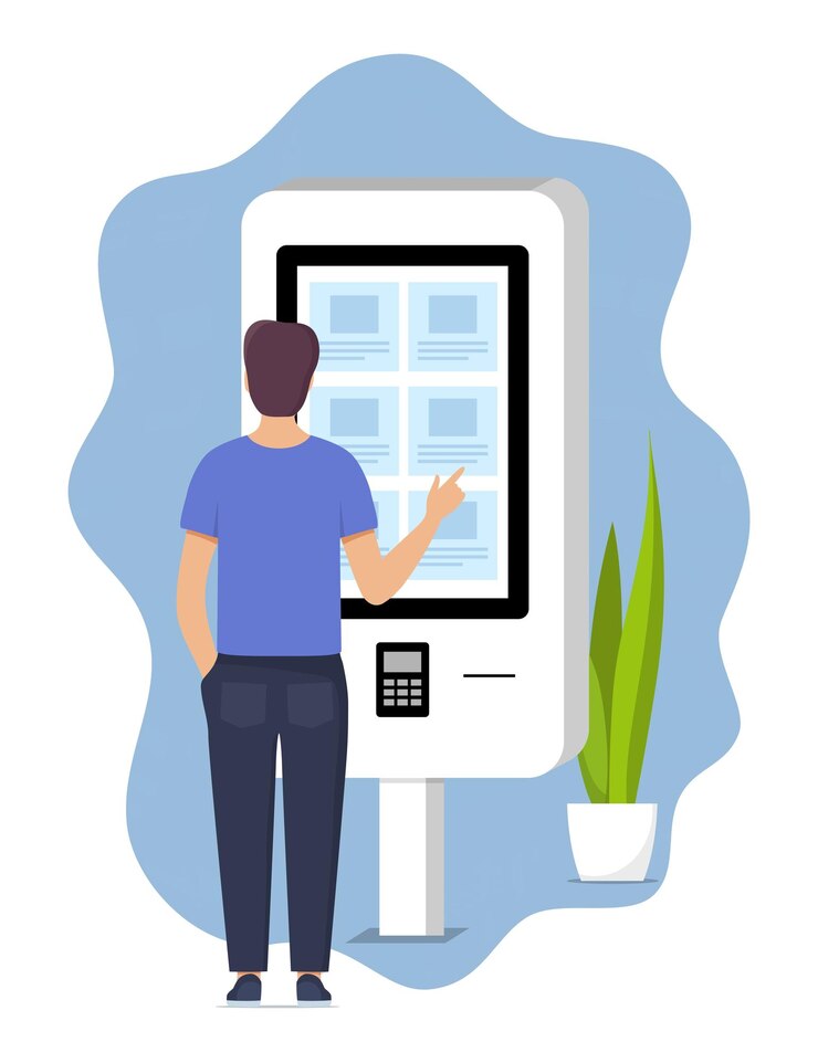 Vector hombre usando terminal electrónica de información y pago de autoservicio con pantalla táctil