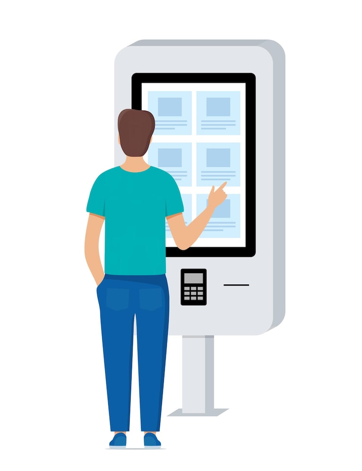 Vector hombre usando terminal electrónica de información y pago de autoservicio con pantalla táctil
