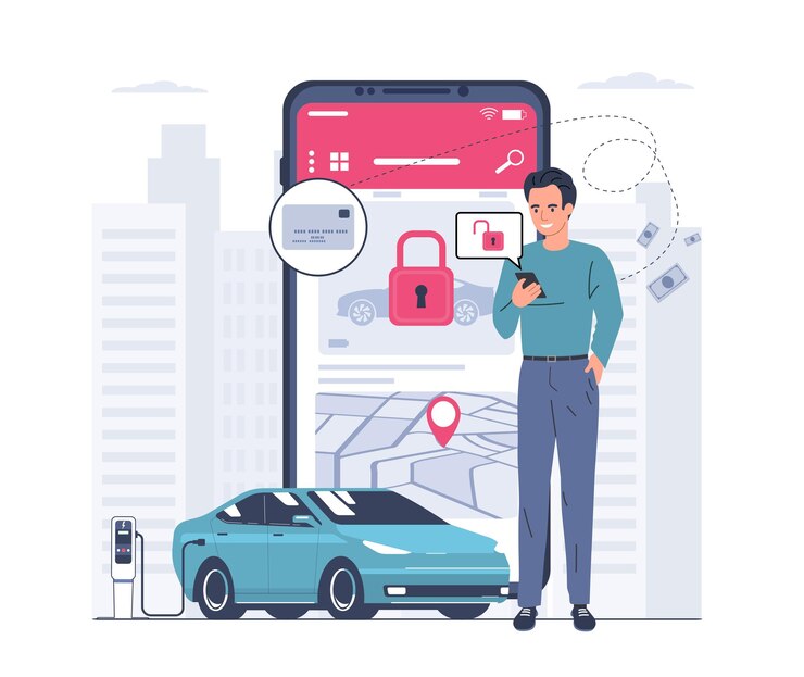 Vector un hombre utiliza un servicio de alquiler de coches a través de una aplicación en un smartphone. ilustración vectorial