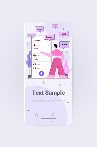 Hombre utilizando la aplicación de traducción móvil saludo multilingüe concepto de comunicación internacional espacio de copia vertical de longitud completa