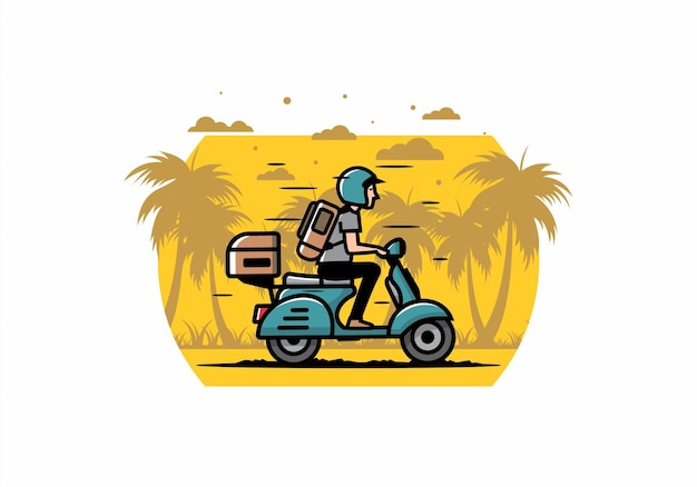 El hombre se va de vacaciones montando scooter ilustración