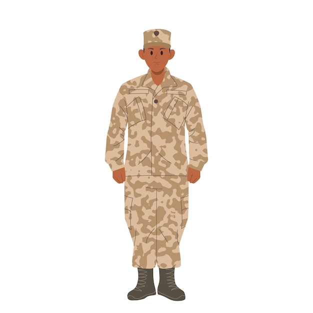 Hombre valiente y serio, sargento, personaje de dibujos animados con camuflaje militar aislado en blanco.