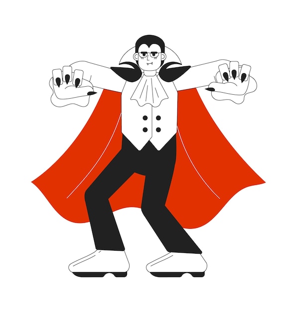 Vector hombre vampiro truco o tratamiento monocromo concepto vector punto ilustración fiesta de halloween 2d personaje de dibujos animados bw plano para diseño de interfaz de usuario web vampiro cosplay aislado editable mano dibujada imagen de héroe