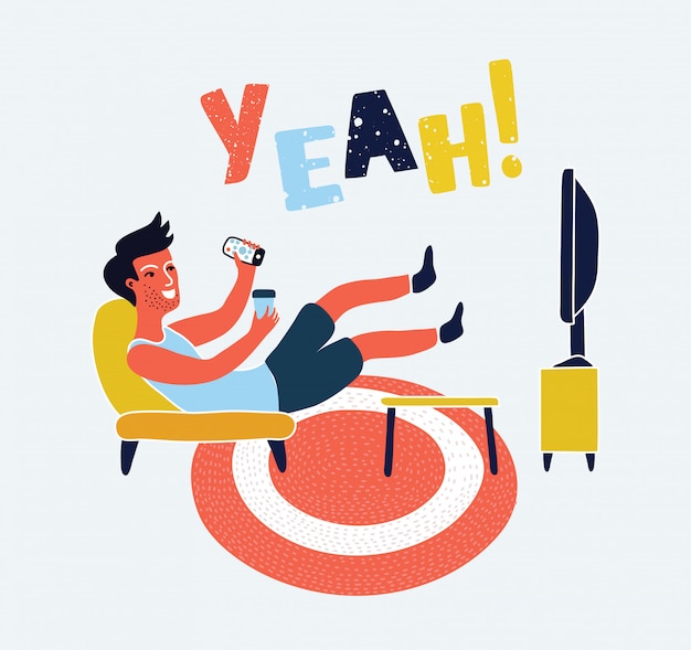 El hombre ve la televisión en el sofá con la ilustración de la taza de café. Ver televisión y tomar café, relajarse en casa en el sofá