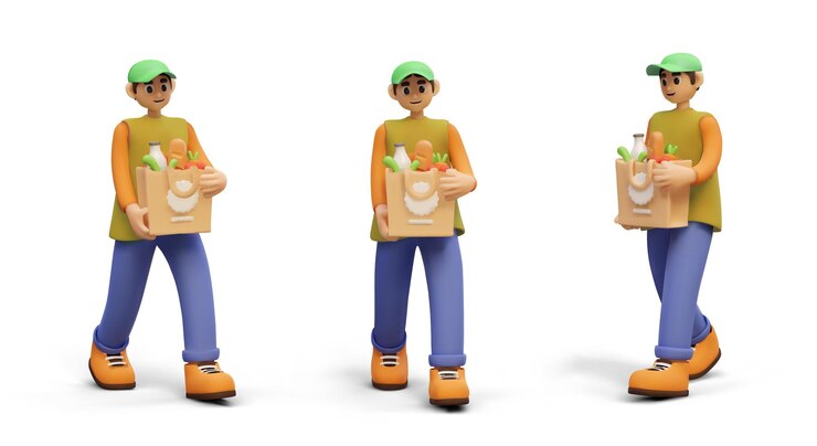 Vector hombre vectorial 3d llevando un paquete de la tienda de comestibles entrega de alimentos